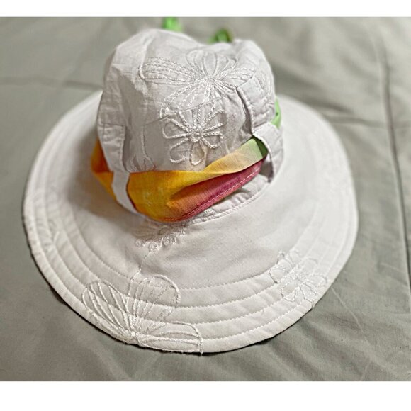 White Boho Eyelet Sunhat with‎ Watercolor Scarf Cotton - Picture 2 of 3